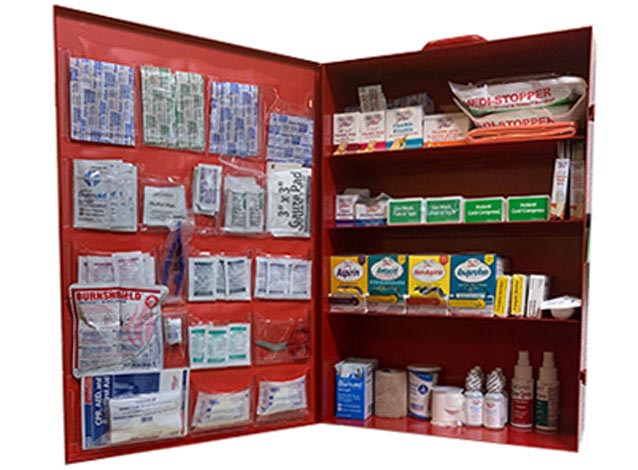 Lechner first aid supplies cabinet containing first aid supplies, ppe, and safety products. 